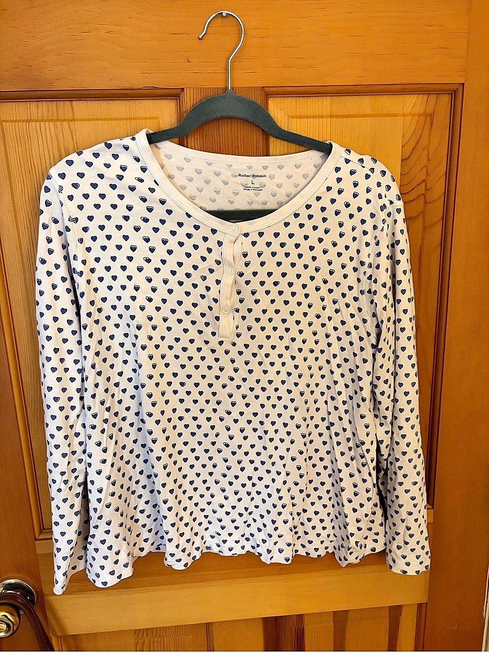 Roller Rabbit Hearts Long Sleeve Polo Pajama Top White & Blue Large